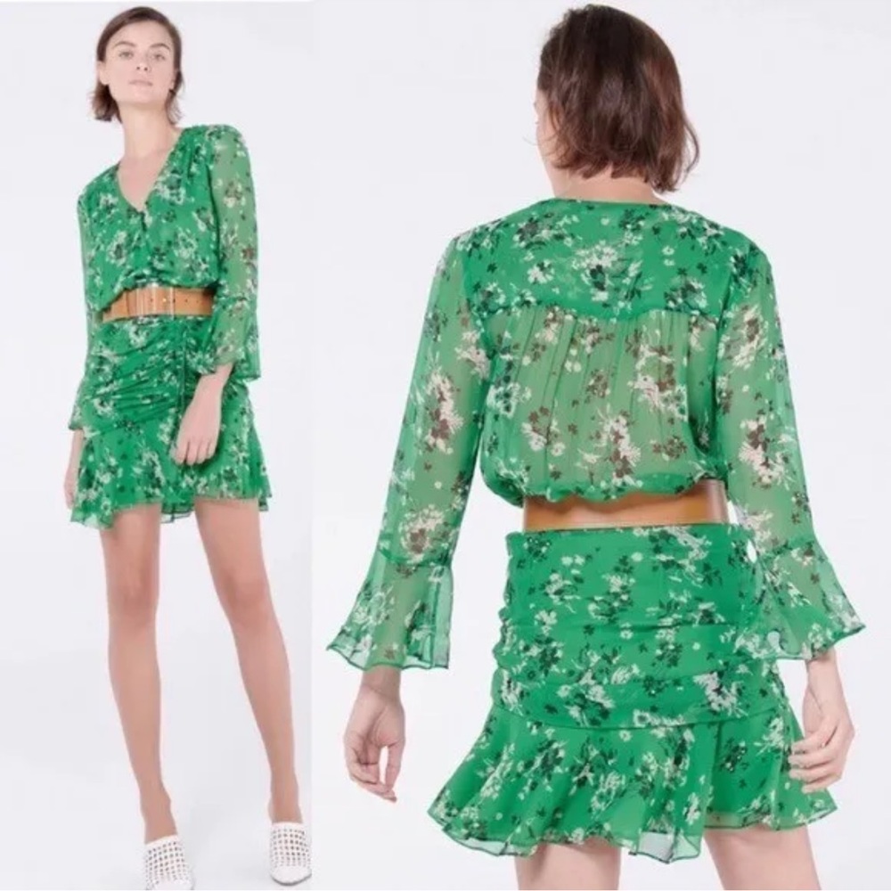 Veronica Beard Sean Floral-print Silk Dress Green Multi Ruched Bell Sleeves 8 - Picture 5 of 15